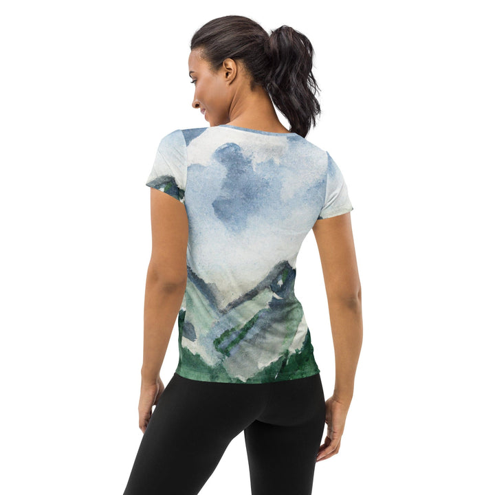 Womens Stretch Fit Athletic Sports T-shirt - Green Mountainside Nature