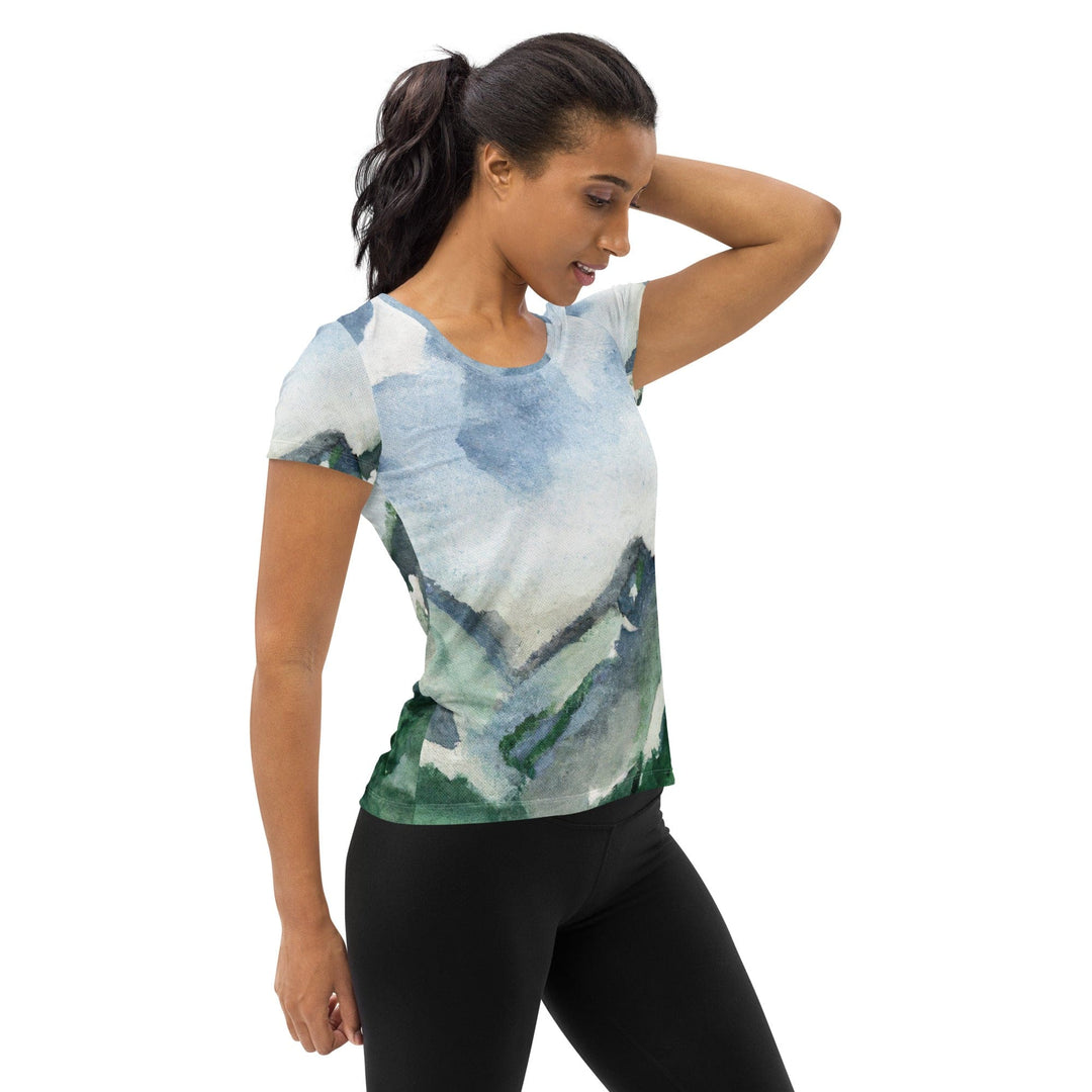 Womens Stretch Fit Athletic Sports T-shirt - Green Mountainside Nature