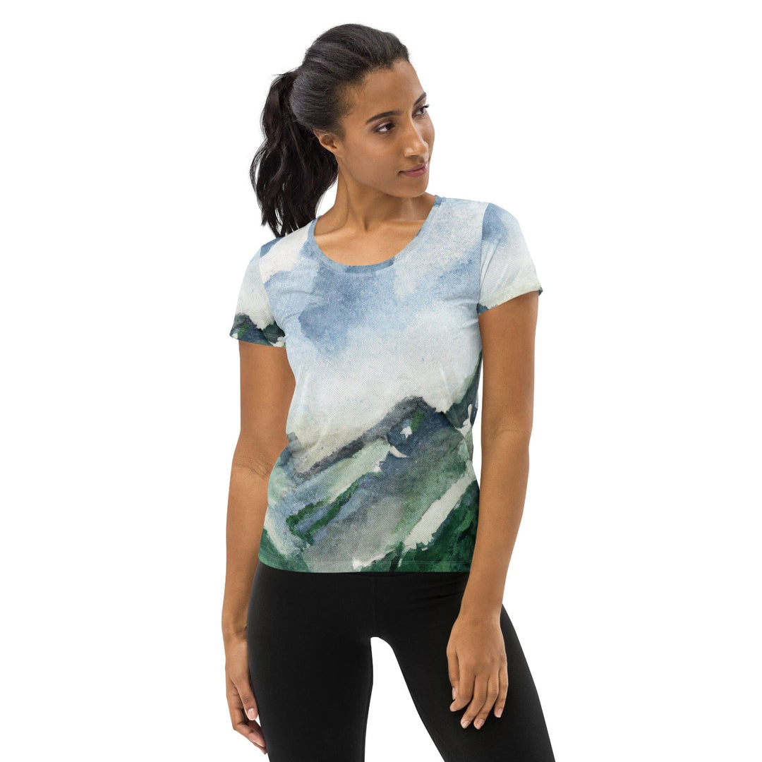 Womens Stretch Fit Athletic Sports T-shirt - Green Mountainside Nature