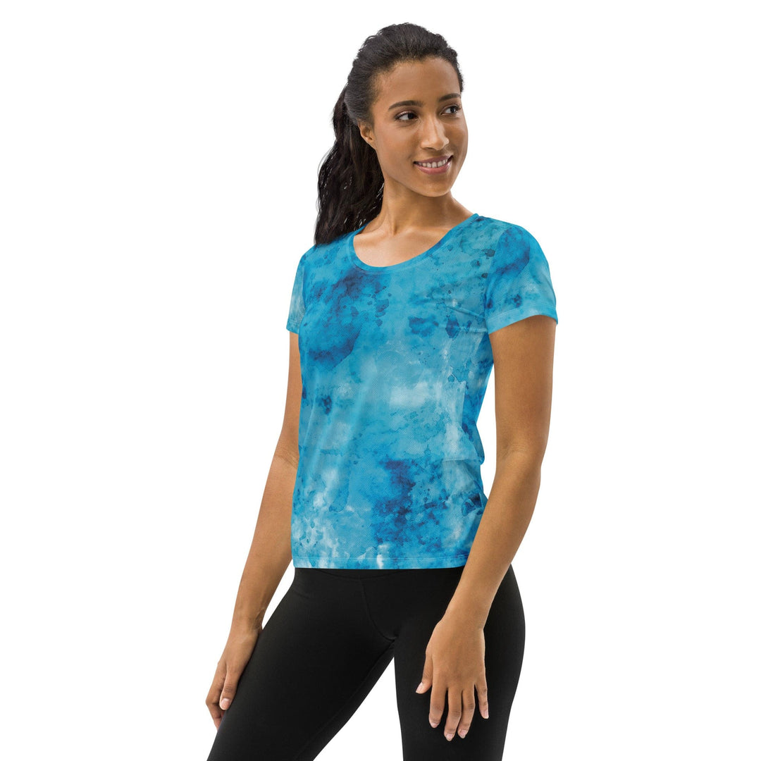 Womens Stretch Fit Athletic Sports T-shirt - Blue Marble Print