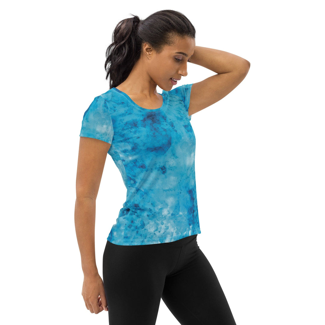 Womens Stretch Fit Athletic Sports T-shirt - Blue Marble Print