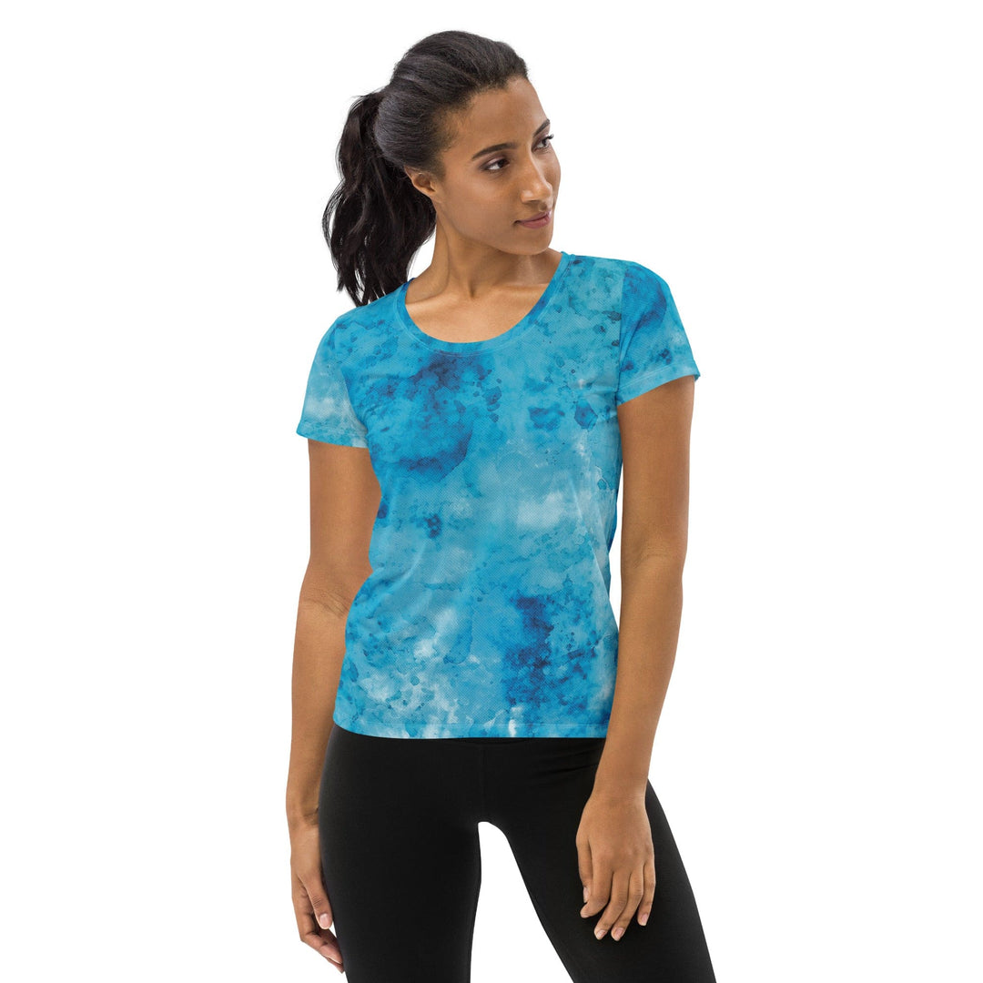 Womens Stretch Fit Athletic Sports T-shirt - Blue Marble Print