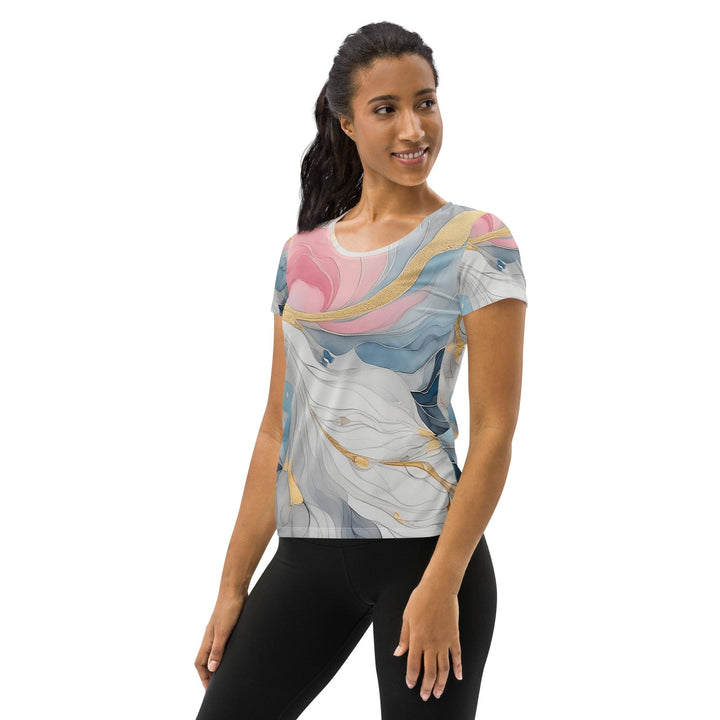 Womens Stretch Fit Athletic Sports T-shirt - Marble Cloud of Grey Pink