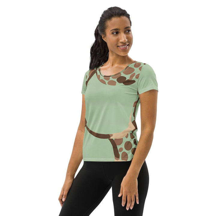 Womens Stretch Fit Athletic Sports T-shirt - Green Beige Spotted Print
