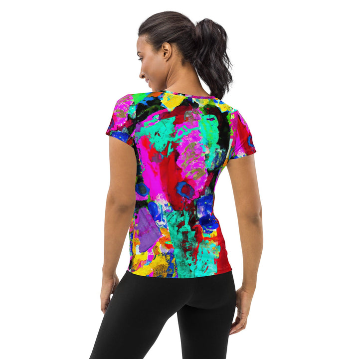 Womens Stretch Fit Athletic Sports T-shirt - Red Multicolor Abstract