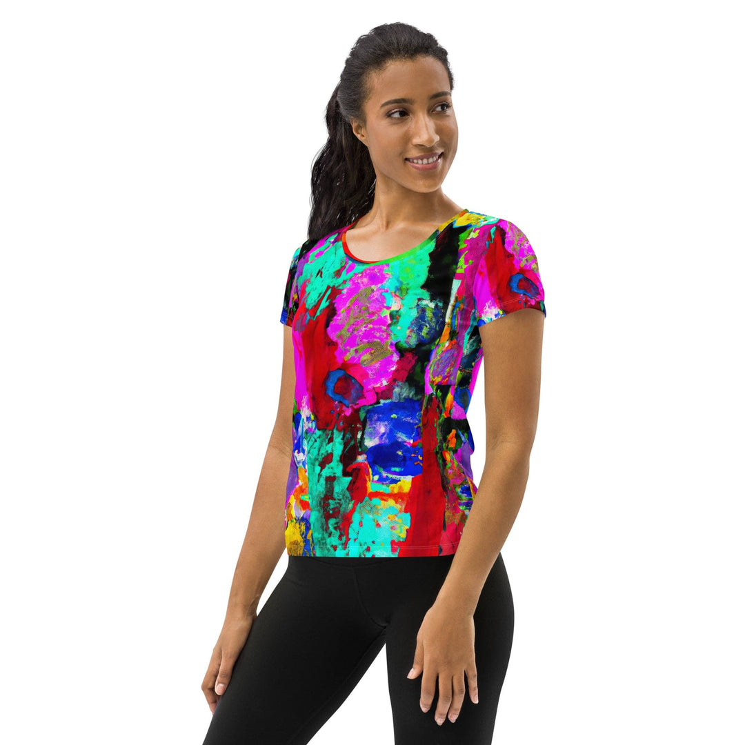 Womens Stretch Fit Athletic Sports T-shirt - Red Multicolor Abstract