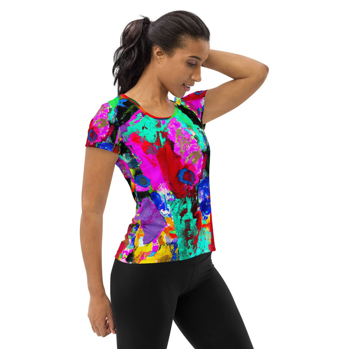 Womens Stretch Fit Athletic Sports T-shirt - Red Multicolor Abstract