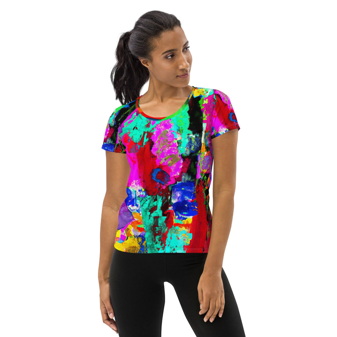 Womens Stretch Fit Athletic Sports T-shirt - Red Multicolor Abstract