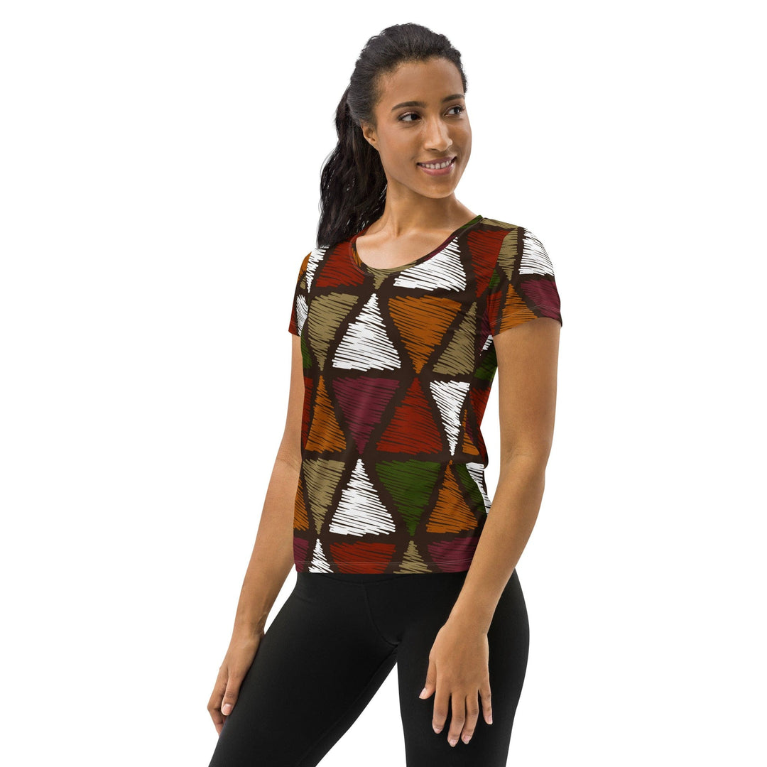 Womens Stretch Fit Athletic Sports T-shirt - Red Green Geometric Lines