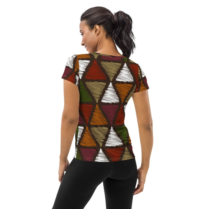 Womens Stretch Fit Athletic Sports T-shirt - Red Green Geometric Lines