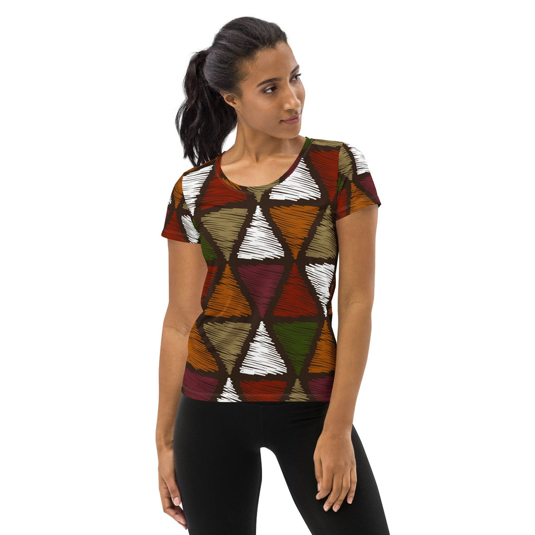 Womens Stretch Fit Athletic Sports T-shirt - Red Green Geometric Lines
