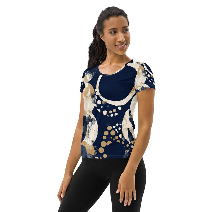 Womens Stretch Fit Athletic Sports T-shirt - Blue Beige Spotted Print