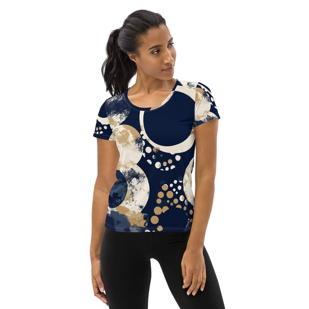 Womens Stretch Fit Athletic Sports T-shirt - Blue Beige Spotted Print