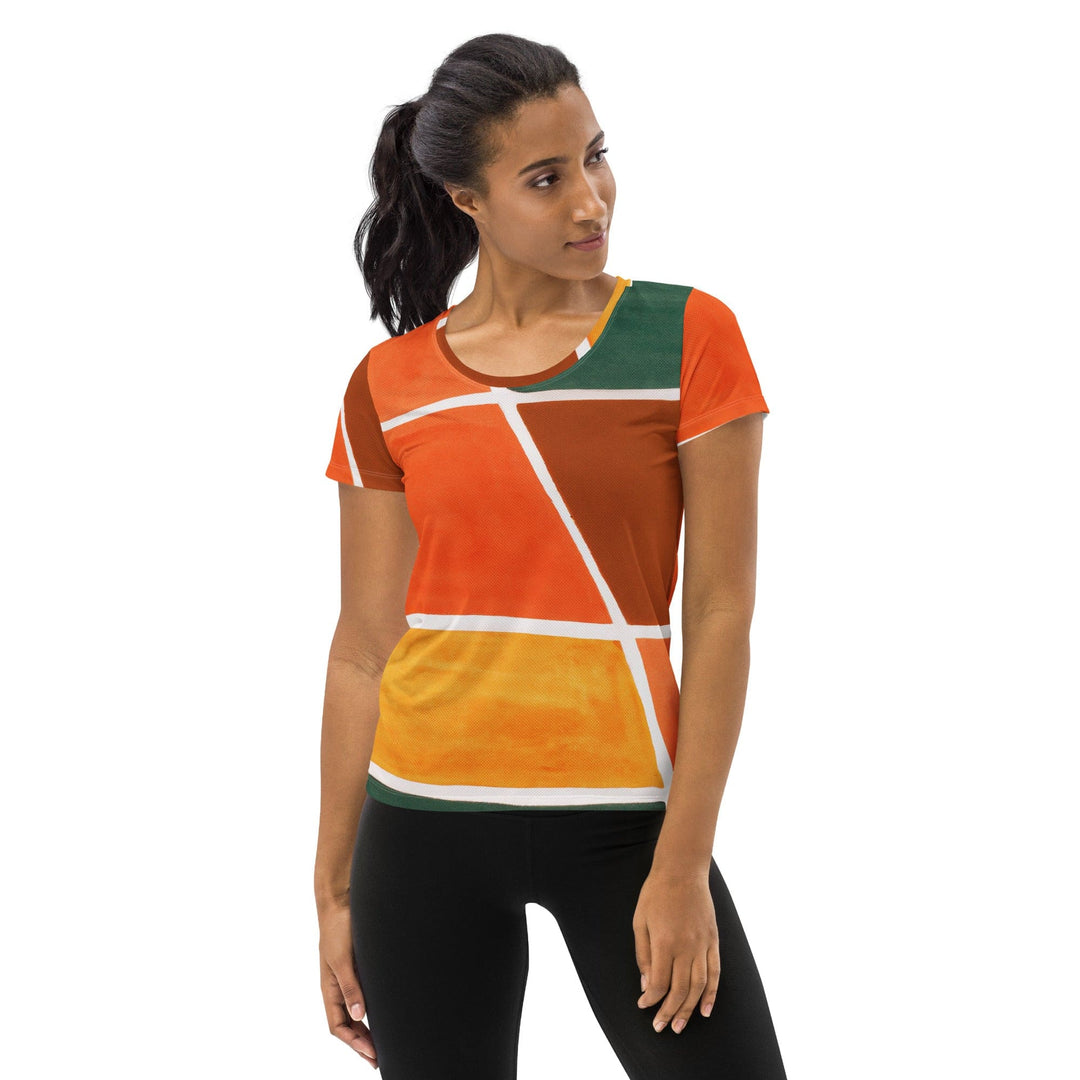Womens Stretch Fit Athletic Sports T-shirt - Orange Green Boho Pattern