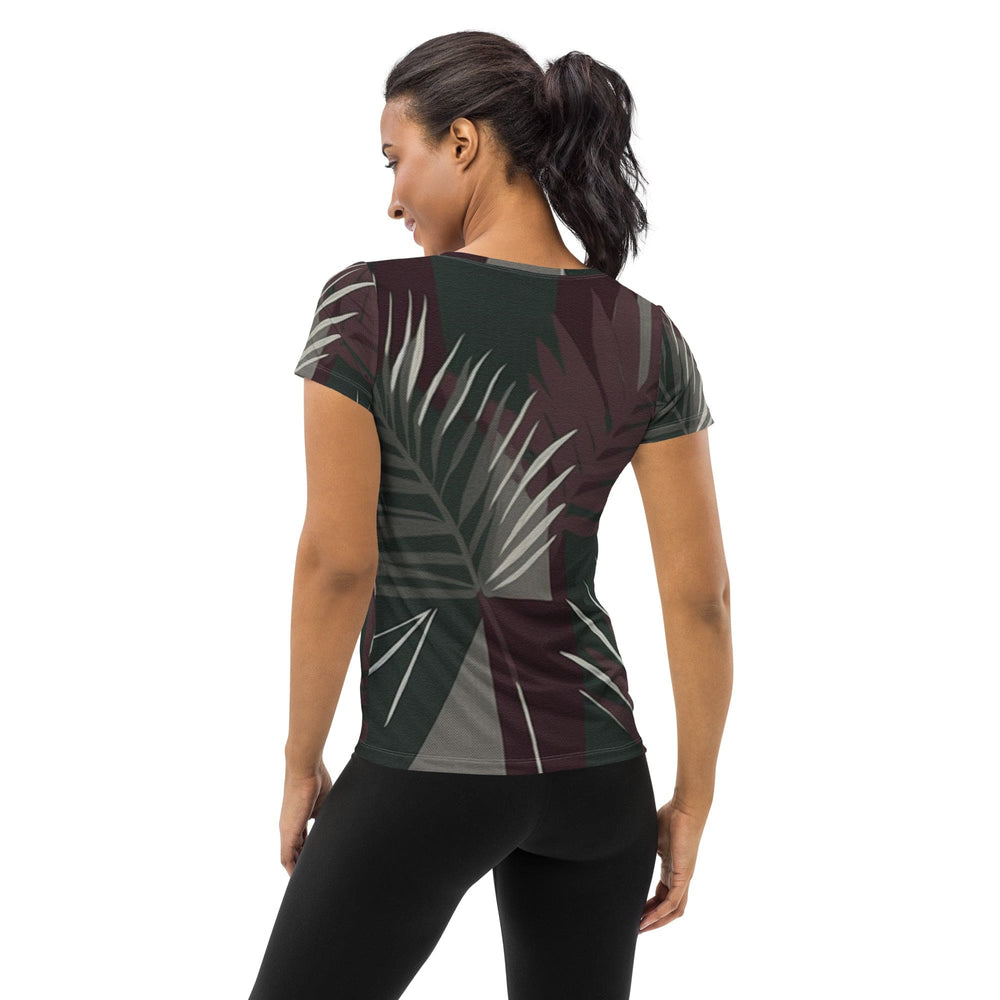 Womens Stretch Fit Athletic Sports T-shirt - Palm Tree Leaves Maroon