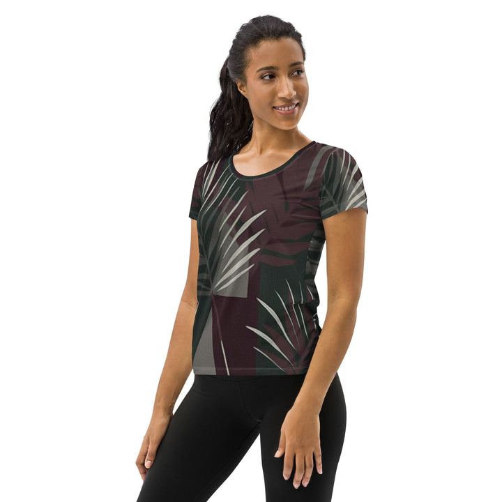 Womens Stretch Fit Athletic Sports T-shirt - Palm Tree Leaves Maroon