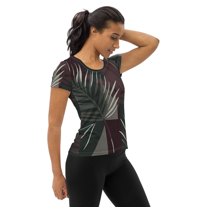 Womens Stretch Fit Athletic Sports T-shirt - Palm Tree Leaves Maroon