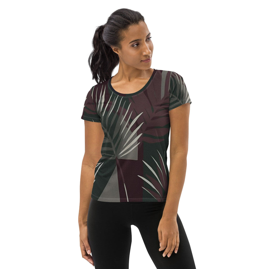 Womens Stretch Fit Athletic Sports T-shirt - Palm Tree Leaves Maroon