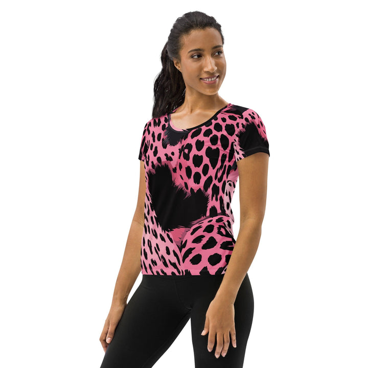 Womens Stretch Fit Athletic Sports T-shirt - Pink Black Spotted Print