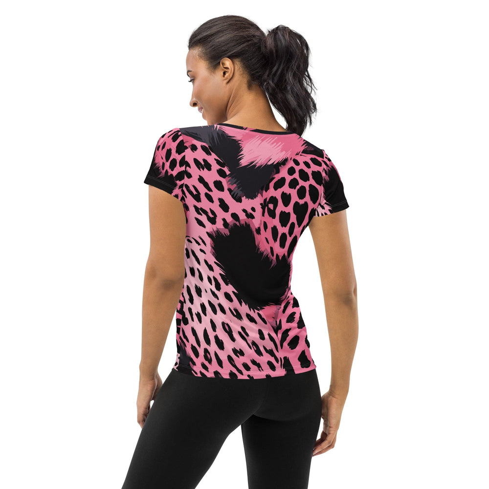 Womens Stretch Fit Athletic Sports T-shirt - Pink Black Spotted Print