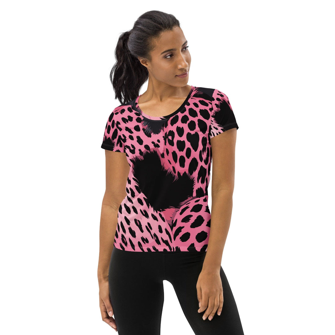 Womens Stretch Fit Athletic Sports T-shirt - Pink Black Spotted Print