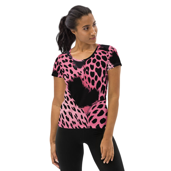 Womens Stretch Fit Athletic Sports T-shirt - Pink Black Spotted Print