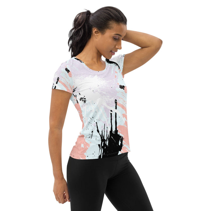 Womens Stretch Fit Athletic Sports T-shirt - Pink Black Abstract Print
