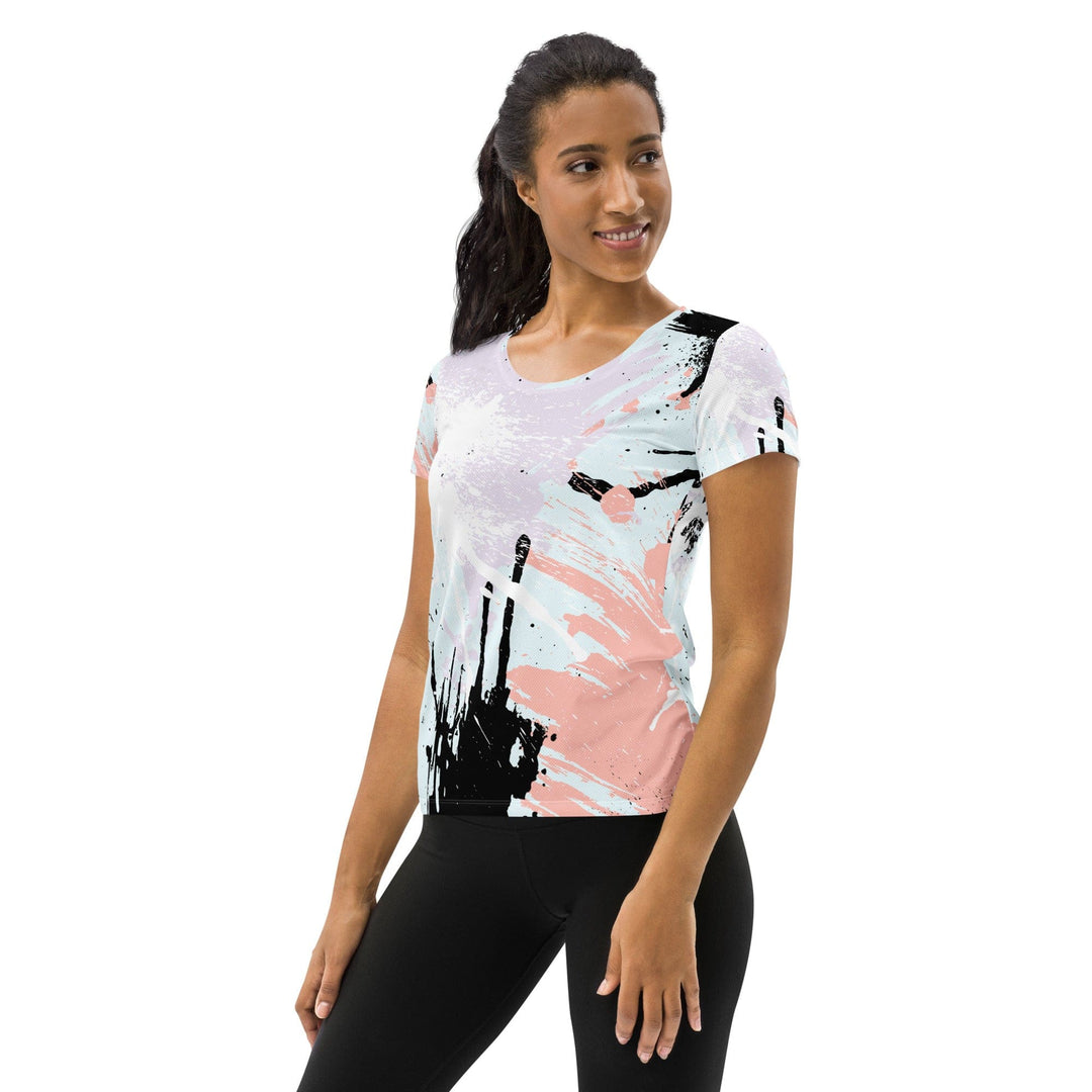 Womens Stretch Fit Athletic Sports T-shirt - Pink Black Abstract Print