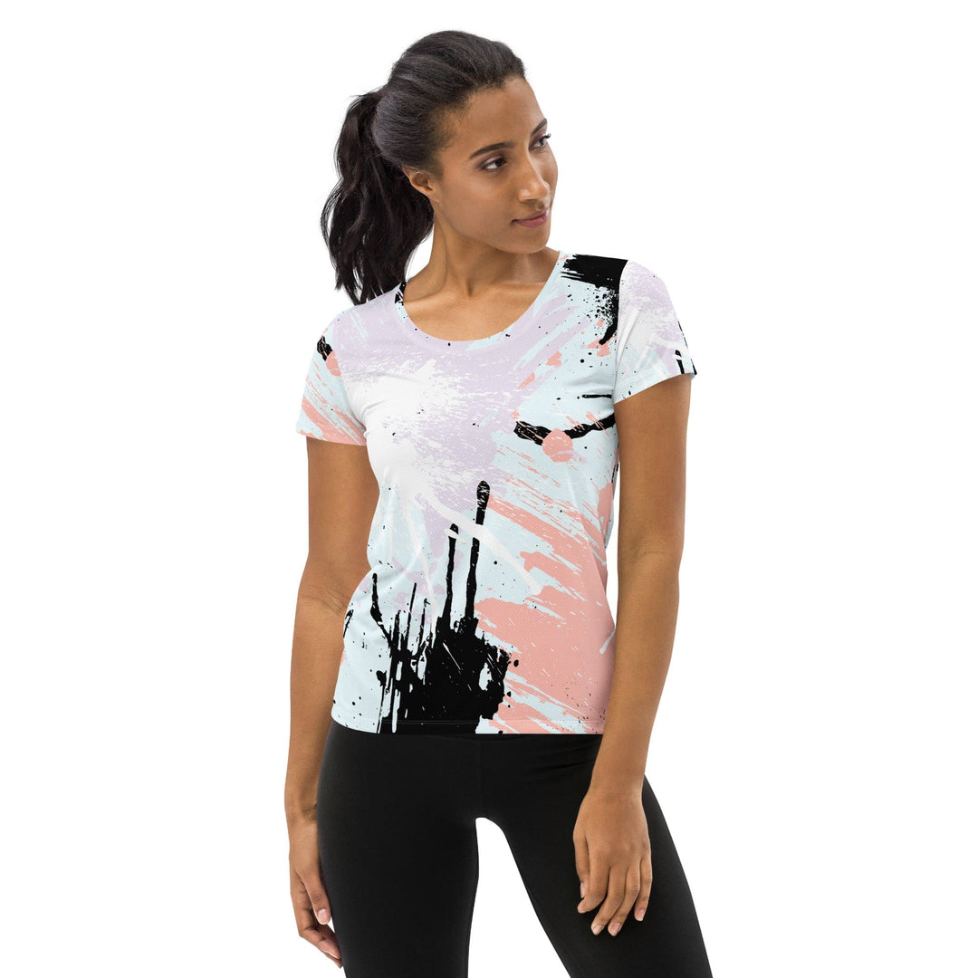 Womens Stretch Fit Athletic Sports T-shirt - Pink Black Abstract Print