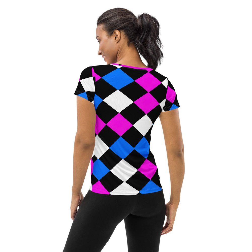 Womens Stretch Fit Athletic Sports T-shirt - Pink Blue Checkered