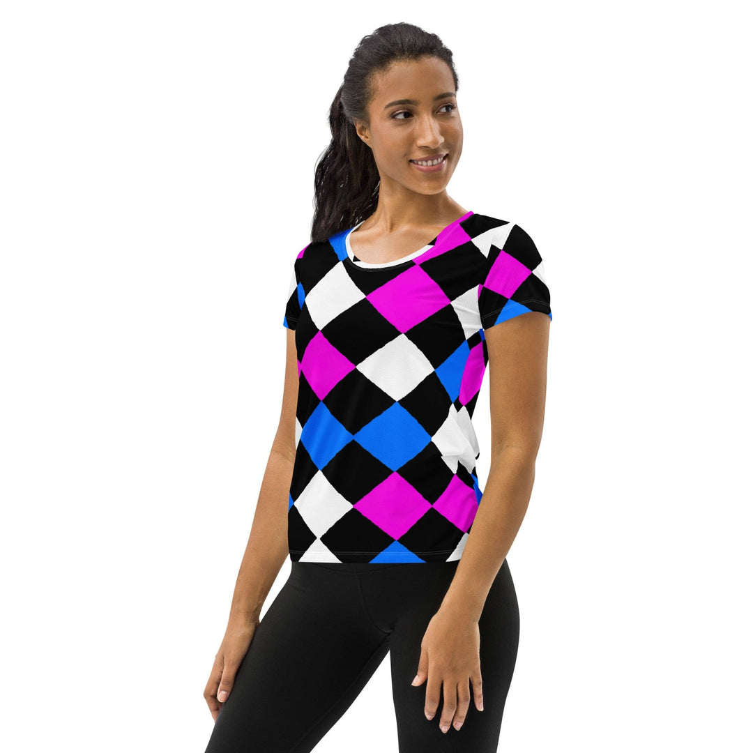Womens Stretch Fit Athletic Sports T-shirt - Pink Blue Checkered