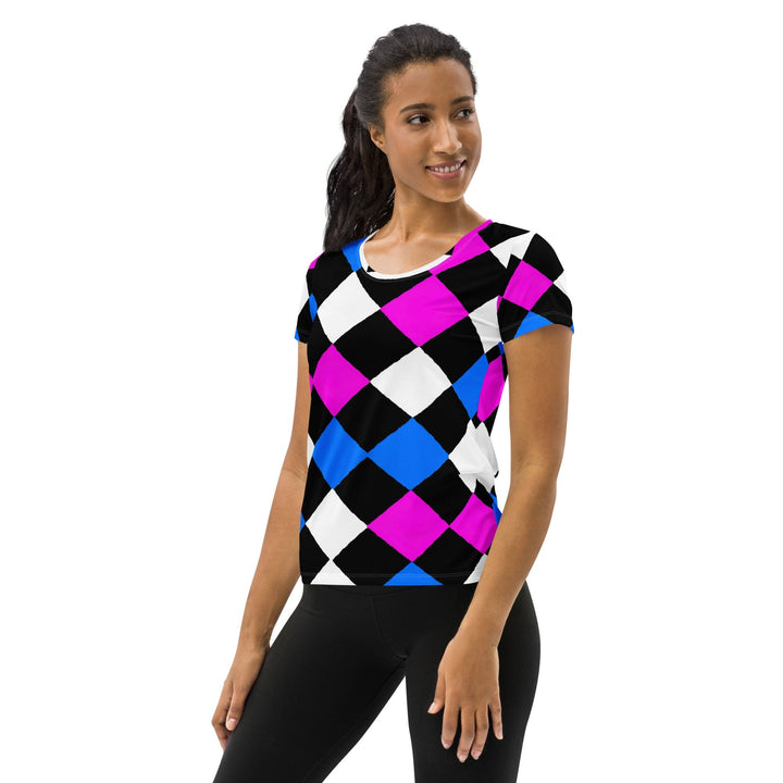 Womens Stretch Fit Athletic Sports T-shirt - Pink Blue Checkered