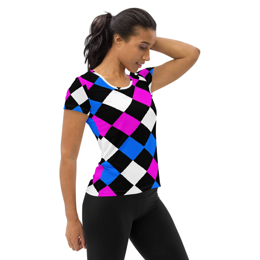 Womens Stretch Fit Athletic Sports T-shirt - Pink Blue Checkered