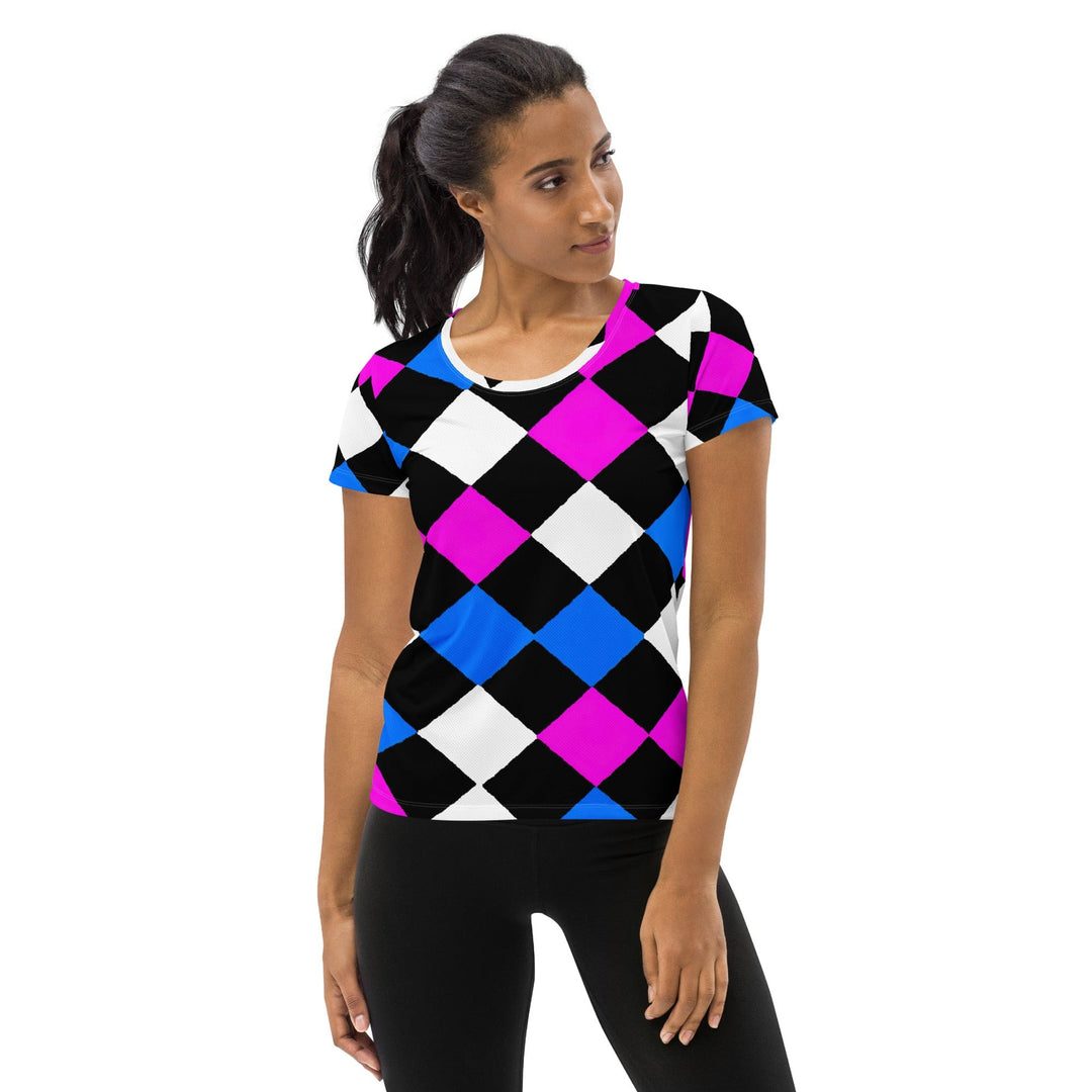 Womens Stretch Fit Athletic Sports T-shirt - Pink Blue Checkered