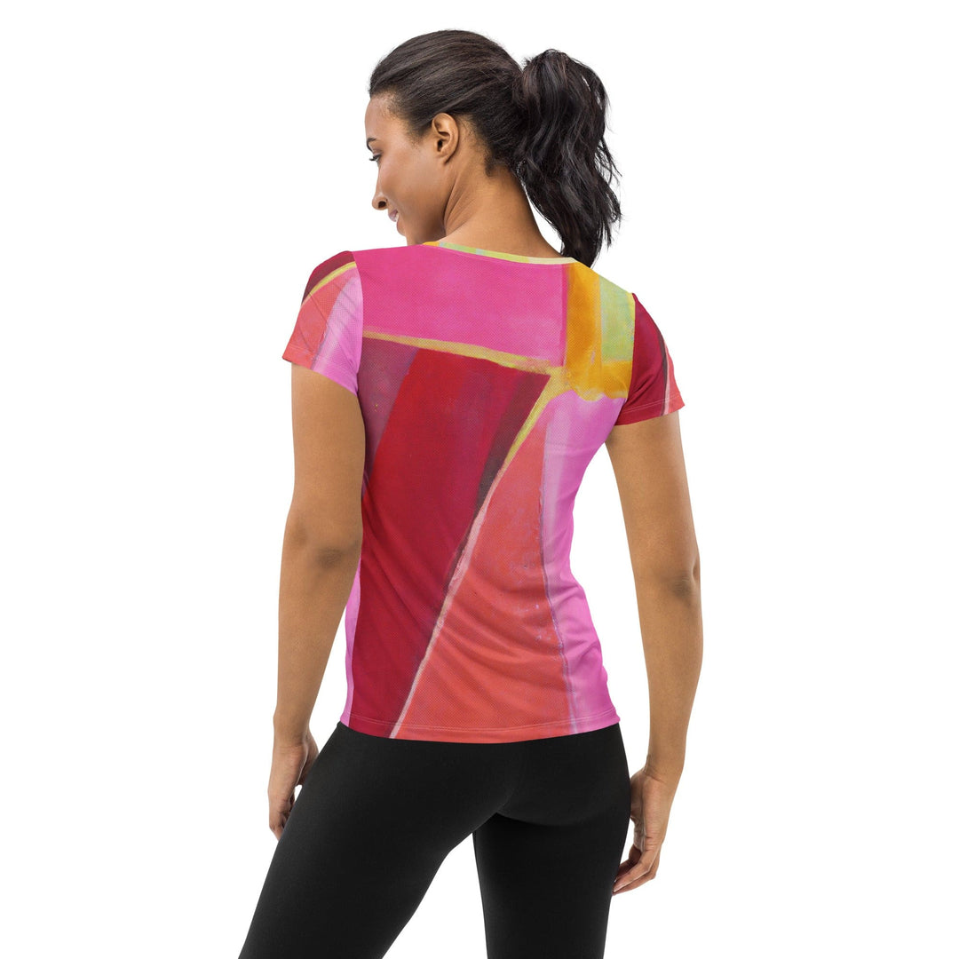 Womens Stretch Fit Athletic Sports T-shirt - Pink Mauve Red Geometric