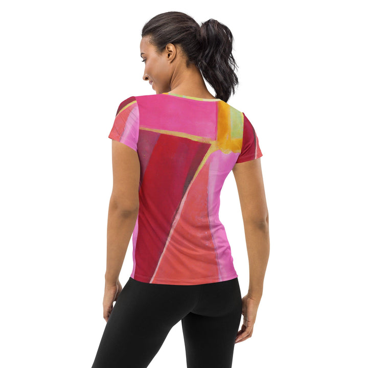 Womens Stretch Fit Athletic Sports T-shirt - Pink Mauve Red Geometric