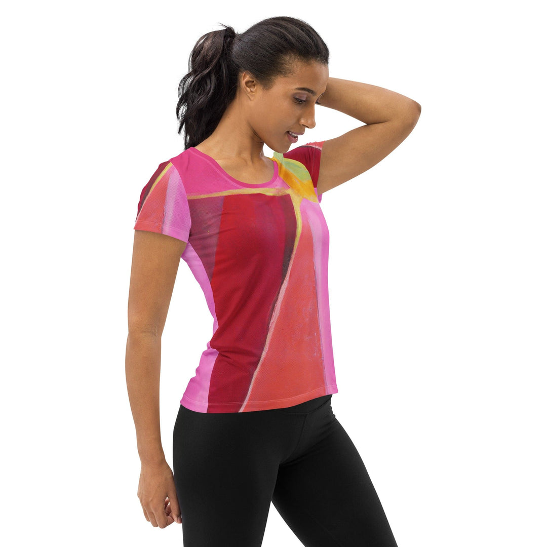 Womens Stretch Fit Athletic Sports T-shirt - Pink Mauve Red Geometric