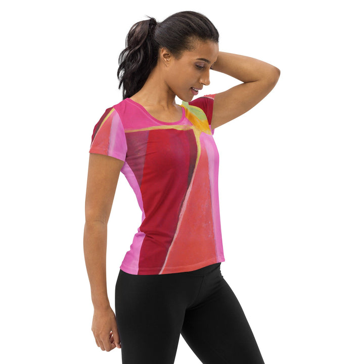Womens Stretch Fit Athletic Sports T-shirt - Pink Mauve Red Geometric