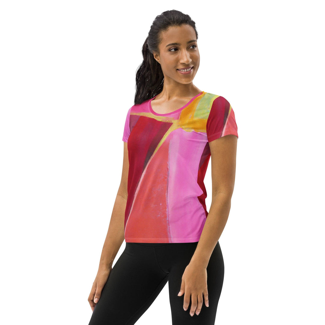 Womens Stretch Fit Athletic Sports T-shirt - Pink Mauve Red Geometric