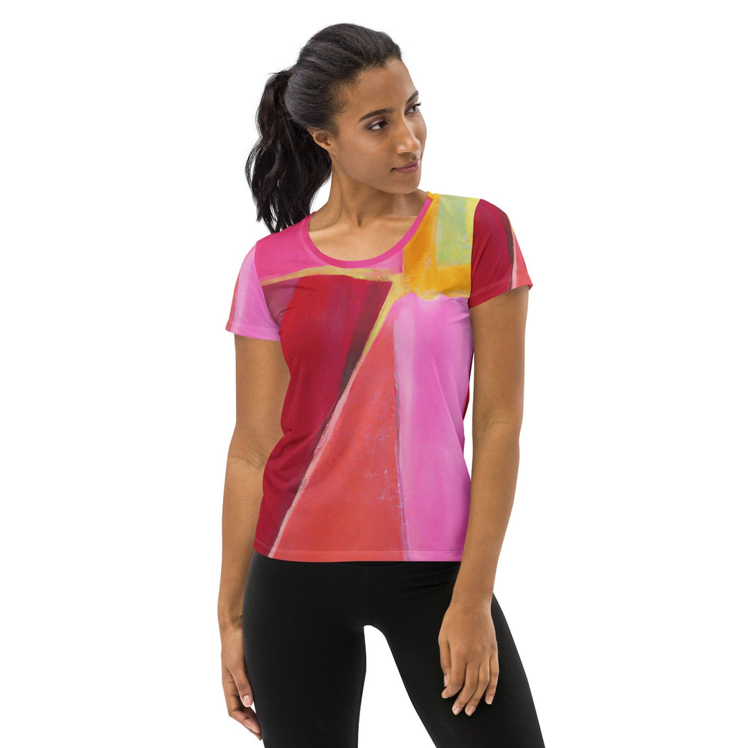 Womens Stretch Fit Athletic Sports T-shirt - Pink Mauve Red Geometric