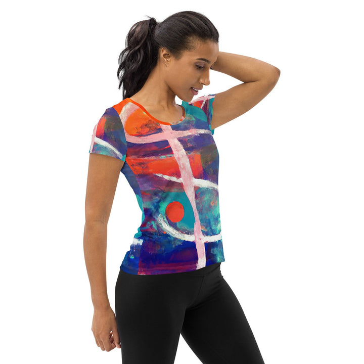 Womens Stretch Fit Athletic Sports T-shirt - Red Blue Multicolor