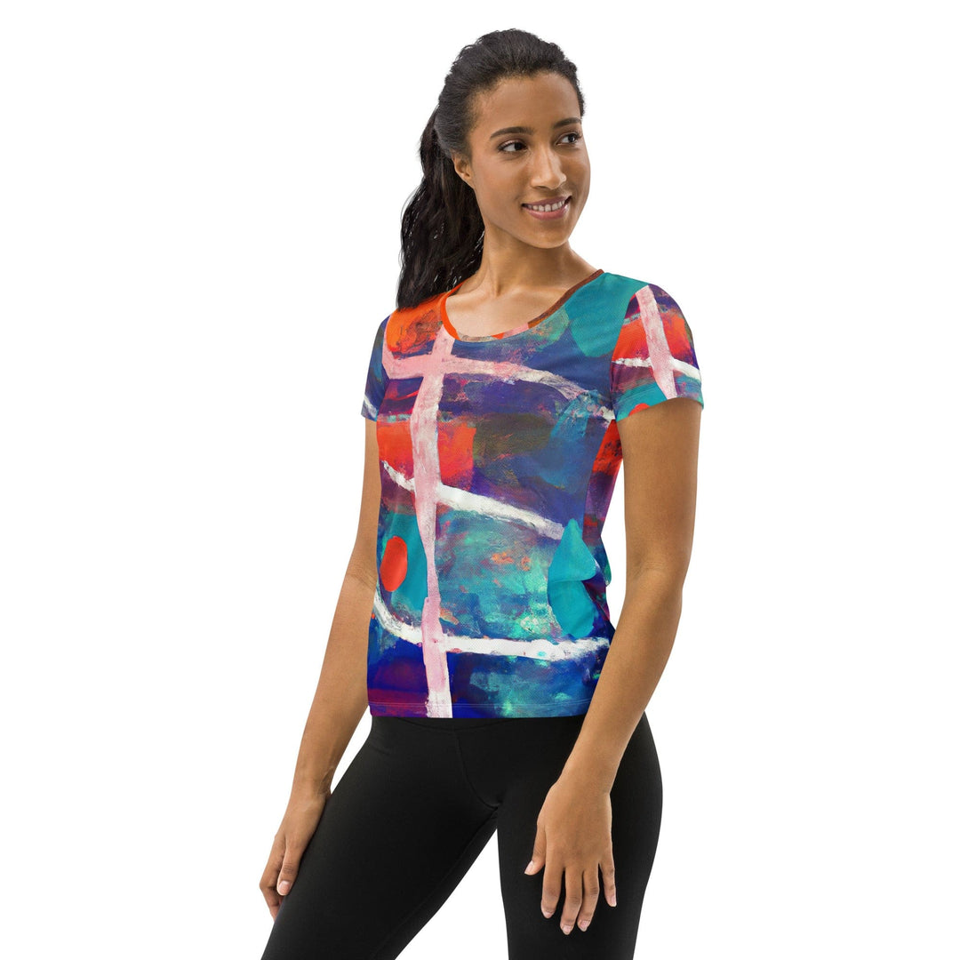 Womens Stretch Fit Athletic Sports T-shirt - Red Blue Multicolor