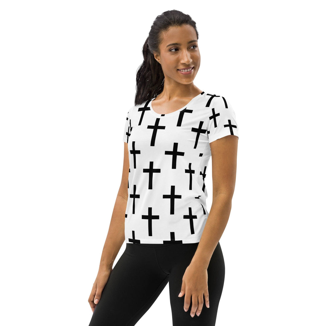 Womens Stretch Fit Athletic Sports T-shirt - White Black Cross Print