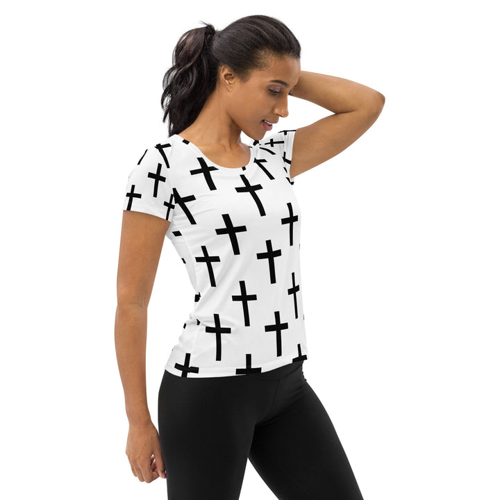 Womens Stretch Fit Athletic Sports T-shirt - White Black Cross Print