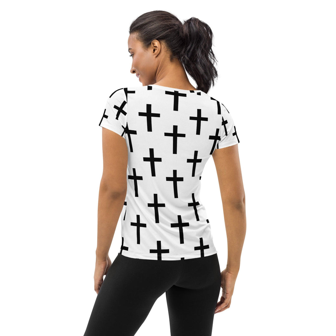 Womens Stretch Fit Athletic Sports T-shirt - White Black Cross Print
