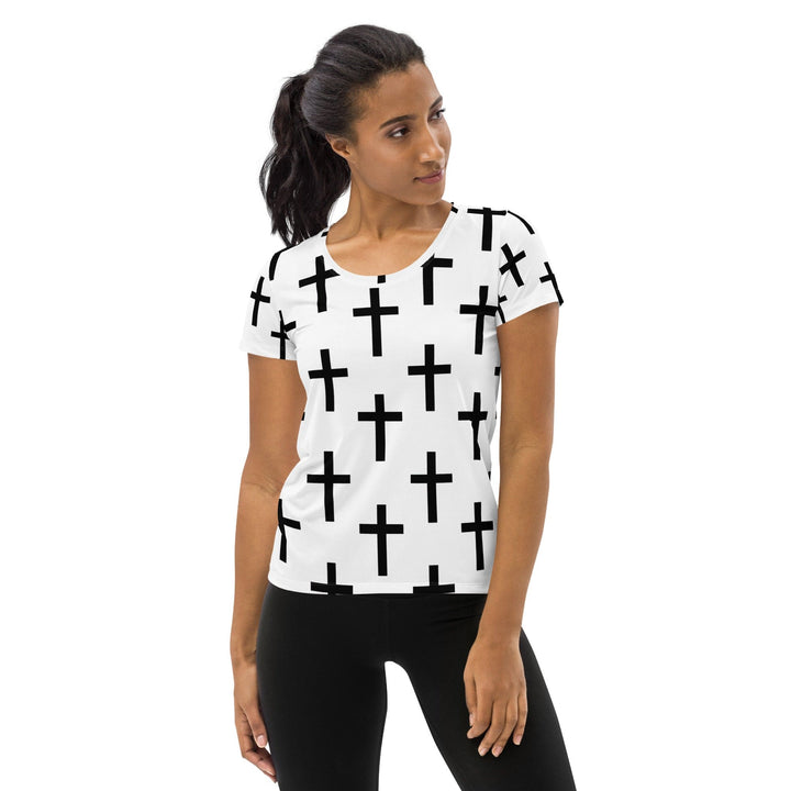 Womens Stretch Fit Athletic Sports T-shirt - White Black Cross Print
