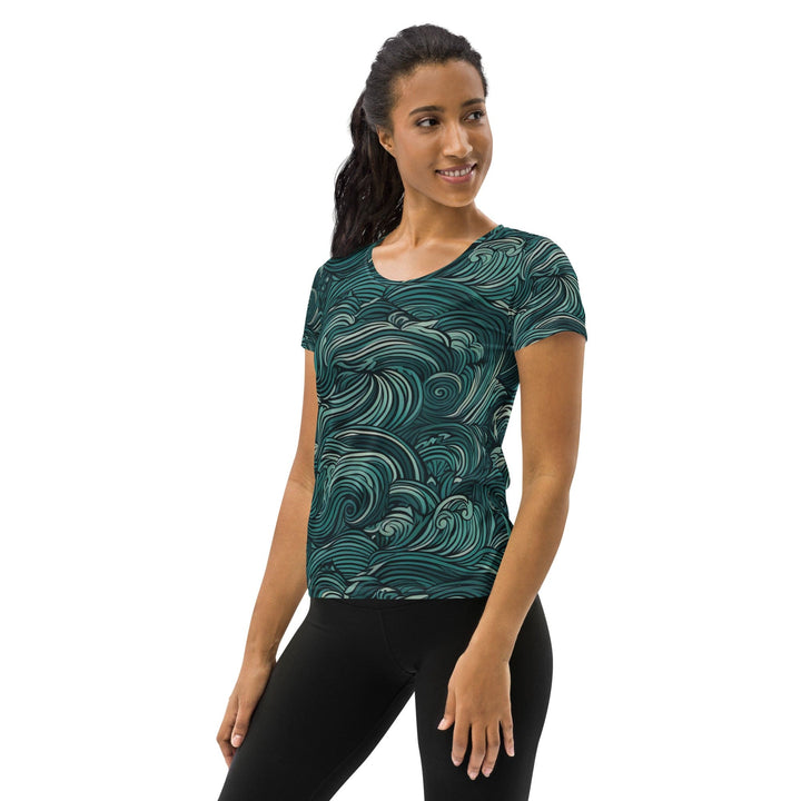 Womens Stretch Fit Athletic Sports T-shirt - Mint Green Water Wave