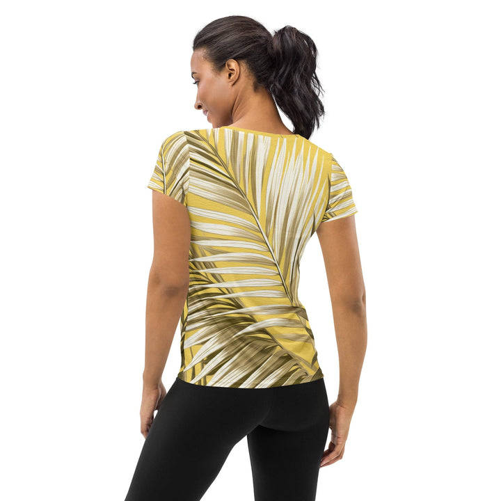 Womens Stretch Fit Athletic Sports T-shirt - White Brown Palm Leaves