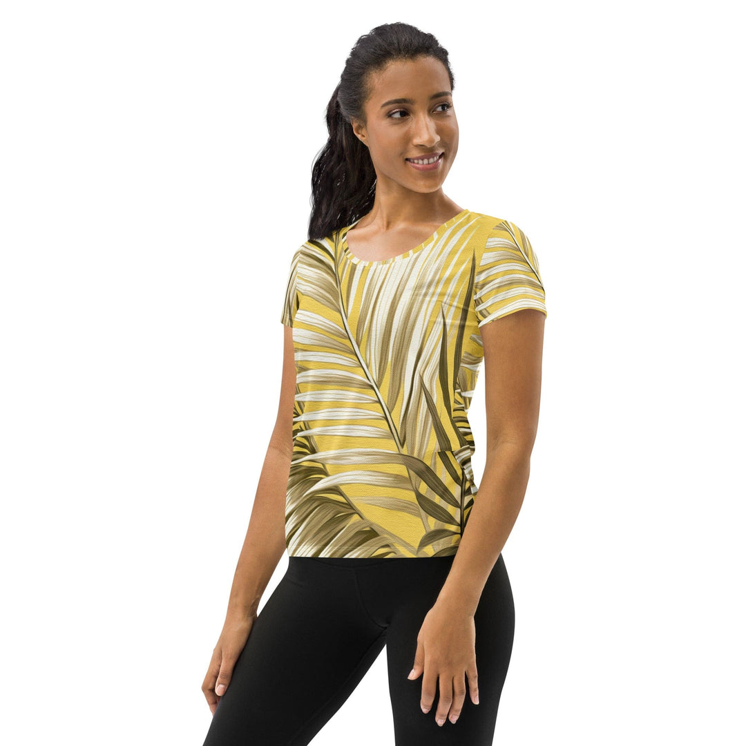Womens Stretch Fit Athletic Sports T-shirt - White Brown Palm Leaves