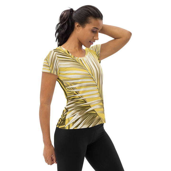 Womens Stretch Fit Athletic Sports T-shirt - White Brown Palm Leaves
